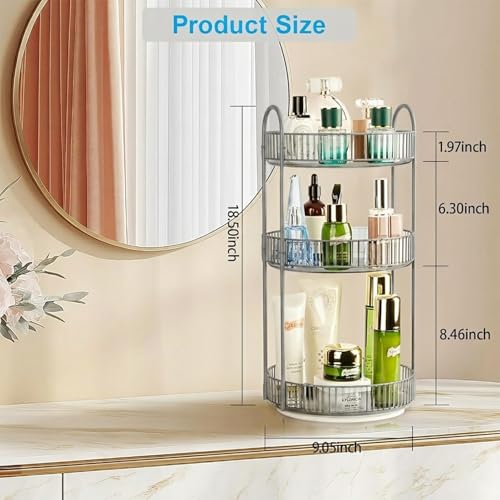 Image of JD FRESH 360 Degree Rotating Makeup Organizer 3 Layer Cosmetic Storage Box Vanity Stand with Drawers for Lipsticks Skincare Perfume Bathroom Countertop Dressing Table Organizer (Light Grey)