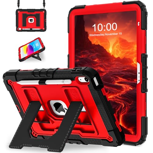 WESOROL Case for iPad A16 11th Generation 11 Inch (2025) iPad 10th Generation 10.9 Inch (2022), Kids i Pad A16 Case Military Grade Shockproof Cases with Pencil Holder Shoulder Strap,Black Red
