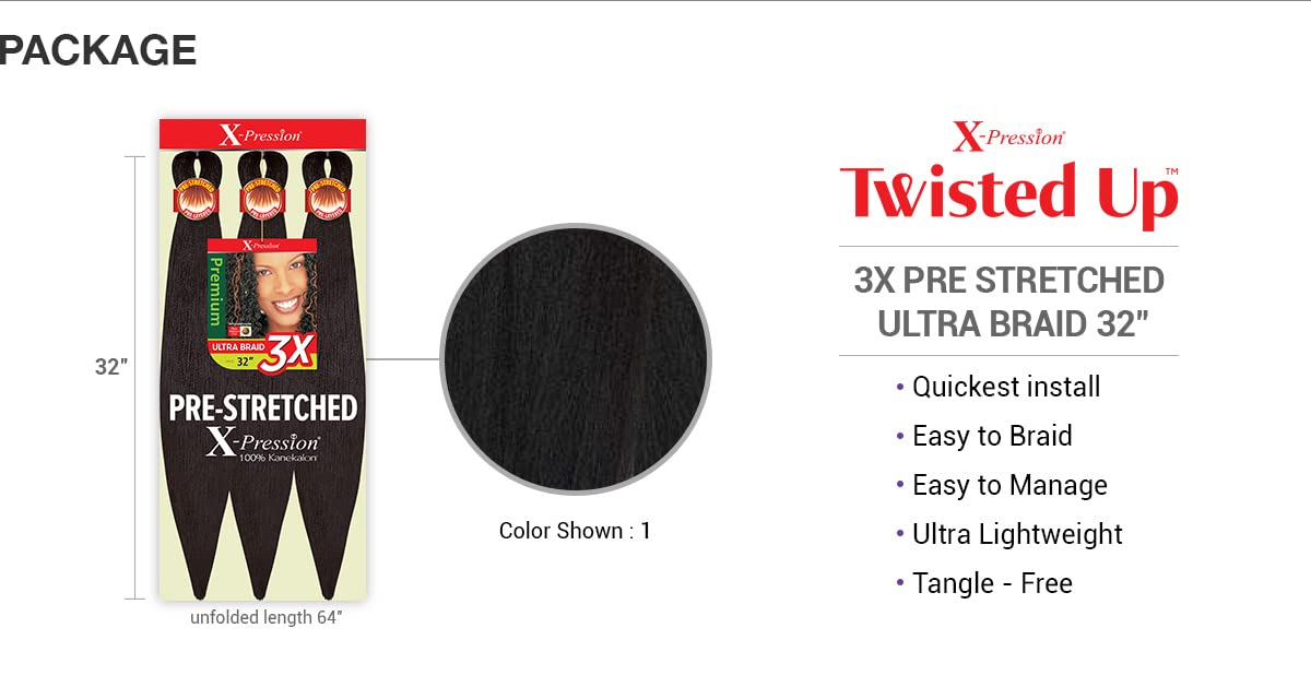 Sun Taiyang Outre Braids X-Pression Kanekalon 3X Pre Stretched Ultra Braid 32'' (4-PACK, 1B)