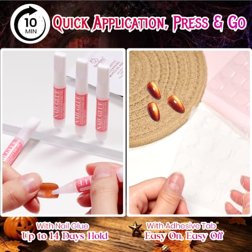 Image of Beetles Cat Eye Press On Nails Short Almond, 32PCS, Pumpkin Spice Halloween | 16 Sizes False Nails, Salon-Quality for Women, 10-Minute Easy Daily Application, All-in-One Complete Kit
