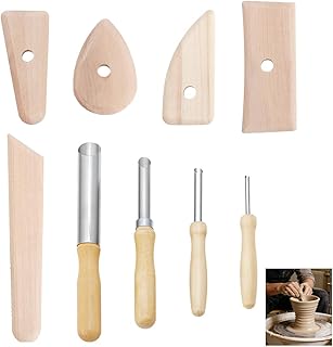 AHANDMAKER 9 Stück Töpferwerkzeug Set für Ton Formen Holz Keramik Rippen 304 Edelstahl Lochstanzer für Heimgebrauch Anfänger Keramik Bildhauerei und Trimming