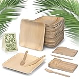 Compostable Square Palm Leaf Plates 8 Inch with Forks & Knives (50 Each) - Like Bamboo Plates, Disposable Party Plates, Biodegradable, Eco-Friendly, Microwave & Oven Safe