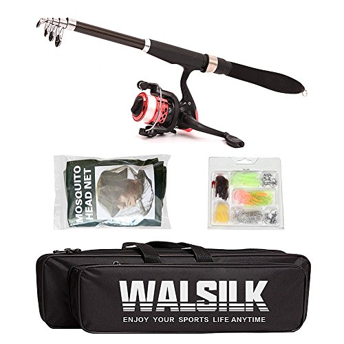 Walsilk Spinning Fishing Rod and Reel Combo Full Kit,Travel Telescopic Fishing Pole with Reel Line Hooks Bag Case,Fishing Gear Organizer for Kids & Adults (1.6M/5.25FT Black Fishing Kit)