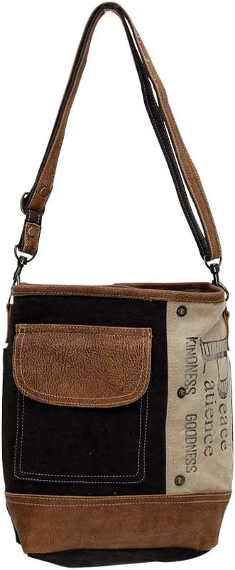 Peace and Goodness Upcycled Canvas Genuine Leather Trim Crossbody Bag