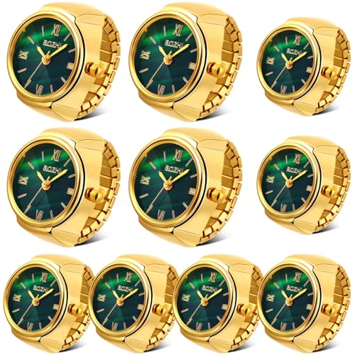 Landical 10 Pcs Finger Watches Ring for Women Men Adjustable Clock Rings Bulk Creative Elastic Round Quartz Finger Ring Watches(Green, Gold)