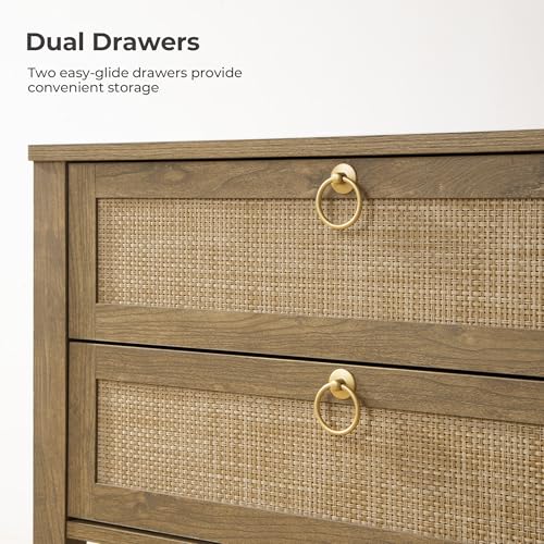 Image of SICOTAS Night Stands Set of 2 for Bedroom, Large Bedside Tables with Drawer & Open Shelf, Wide Boho Rattan Nightstand Set Narrow Side Table for Master Bedroom