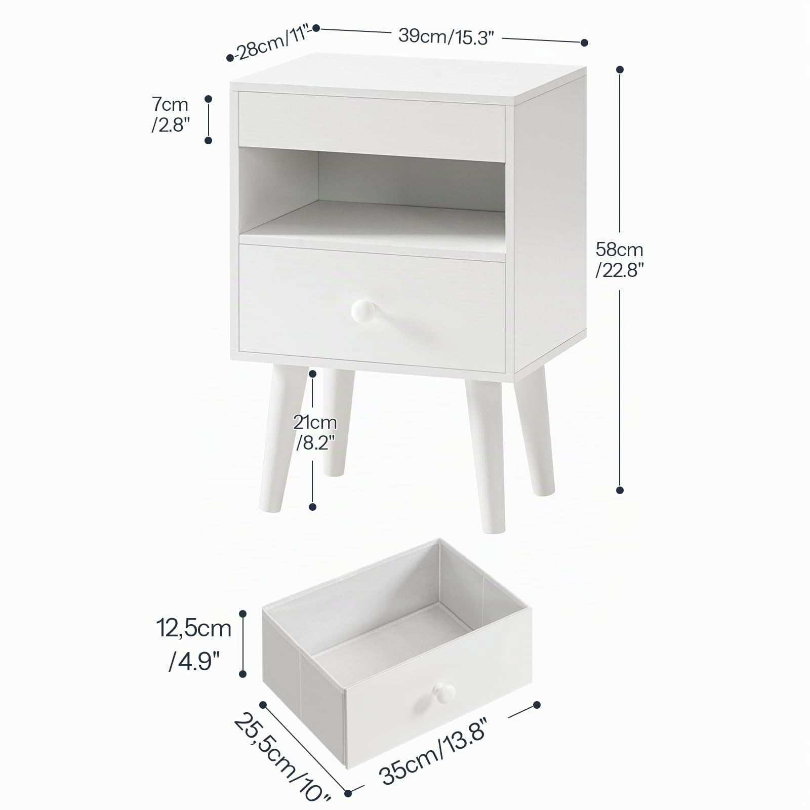 HOOBRO Comodino con Vassoio Estraibile, Cassetto in Tessuto, Tavolino da Caffè per Soggiorno e Camera da Letto, Bianco EWT191BZ01