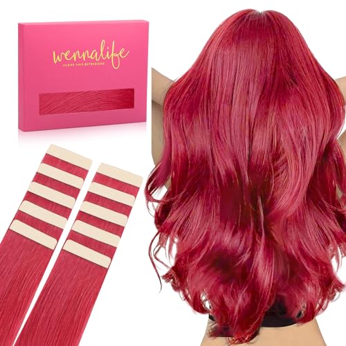 Image of WENNALIFE Tape In Hair Extensions Human Hair Red 10pcs 20g 10 inch Remy Invisible Tape Ins Straight Colored Soft Real Human Hair Tape In Extensions Refill Set Extensions