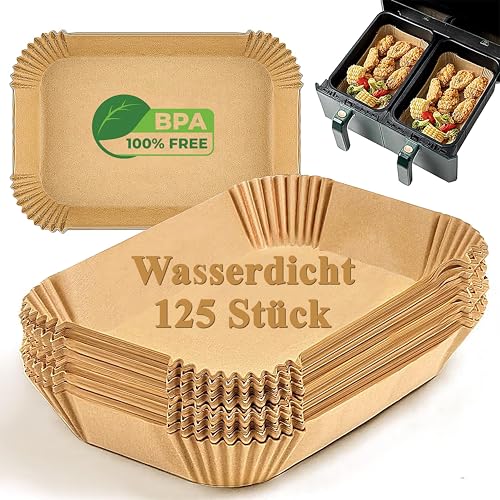 RECKNEY Backpapier für Heißluftfritteuse Ninja Doppelkammer 125 Stück Air Fryer Ninja AF300 EU AF400 AF451 AF500EU Zubehör, Einweg-Pergamentpapiereinlage, Backpapier mit Cosori 8.5l, Tower 9l