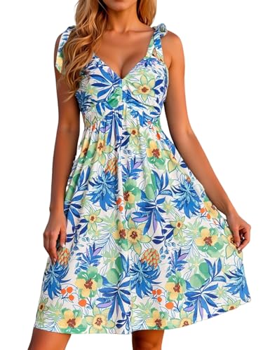 VETIOR Summer Cute Sundresses for Women 2025 White Floral Coachella Festival Spaghetti Straps Smocked Milkmaid Dress for Plus Size Big Bust Pear-Shaped Tropical Vacation