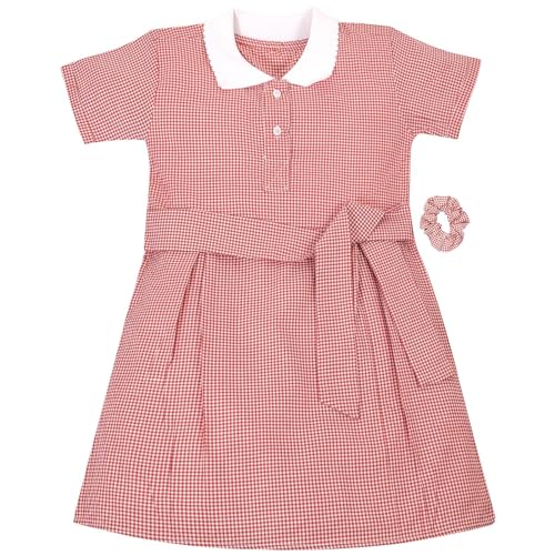 Girls Uniform School Dress Soft Comfortable Gingham Check Belted Summer Dresses Matching Scrunchies Age 3-14 Years2
