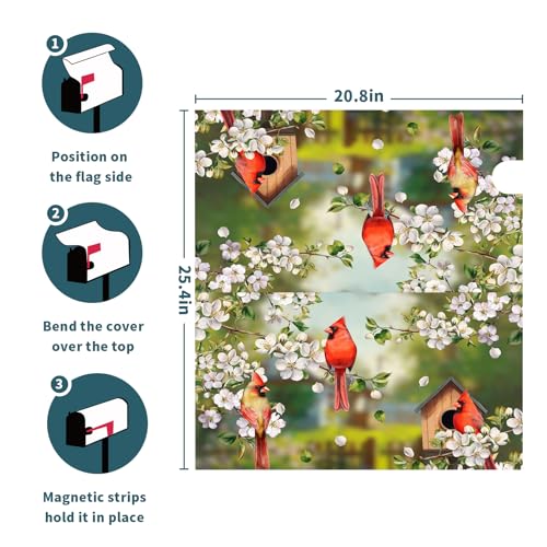 Image of Spring Birds Floral Magnetic Mailbox Cover Colorful Summer Birdhouse White Flowers Mailbox Wrap Post Cover Large Size 25.5x21 Inch for Garden Yard Outdoor Outside Seasonal Decor