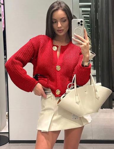 Image of Yimoon Womens Cropped Cardigan Sweaters Gold Button Down Chunky Knit Sweaters Long Sleeve Open Front Fall Crochet Cardigan(Red-S)