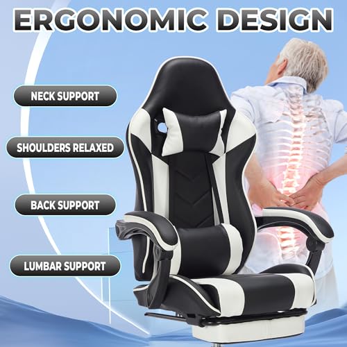 Image of Gaming Chair with Footrest for Home Office - High Back Computer Chair with Headrest and Lumber Support, Ergonomic Height Adjustable Leather Game Chairs (Black+White)