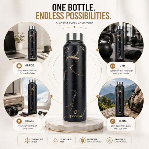 Image of Speedex Stainless Steel Printed Water Bottle 1 Ltr 1000 ml, BIS Approved, Leak Proof Screw Cap Bottle for Office, School, Travel, Daily Use for Men, Women, Kids, Adults, Gold Mine, Set of 3
