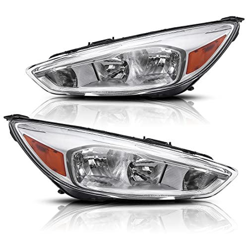 Headlight Assembly Lamps Compatible with 2015-2018 Ford Focus 3rd Gen, Chrome Housing/Amber Corner