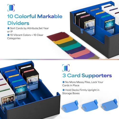 Image of UAONO Trading Card Storage Box, Holds 1800 Sleeved Cards with 10 Dividers & 3 Stoppers, Magnetic Closure PU Leather Card Case for MTG, PTCG, YGO, Sports Cards (Black&Blue)