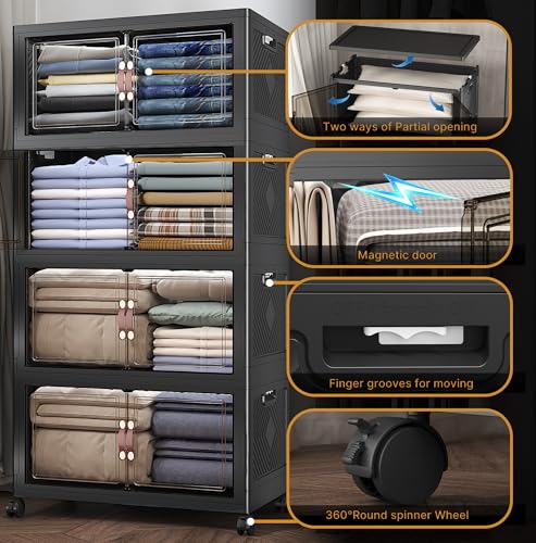 Image of UAMFURI Extra Large Stackable Storage Bins with Lids & Wheels, 480QT-120QT /30GAL*4Pack Foldable Collapsible Closet Organizers Storage Cabinet with Doors for Bedroom Dorm