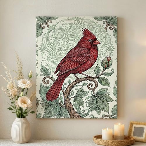 Impression sur toile vintage oiseau rouge décoration nature salon 40x50 cm