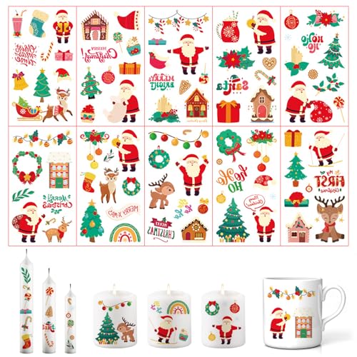 Tatuajes de velas de Navidad, impresión de transferencia de agua, velas, tatuaje de Navidad, lámina de velas, pegatinas de Navidad, decoración de velas, lámina de tatuaje para velas DIY tazas