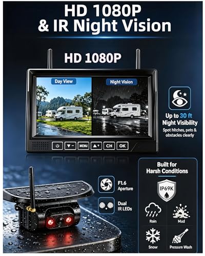 Image of HD 1080P Dual Wireless Backup Camera: 1-Second Magnetic Easy Install RV Backup Camera with 7-inch Split-Screen DVR Monitor - 15200mAh Solar Battery, Up to 3-Day Trip for RV Camping & Travel Trailers