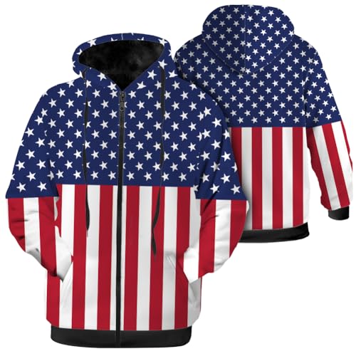 American Flag Jacket for Men Women Red White Blue Winter Coat Hoodied Sweatshirts Zip Up Hoodies