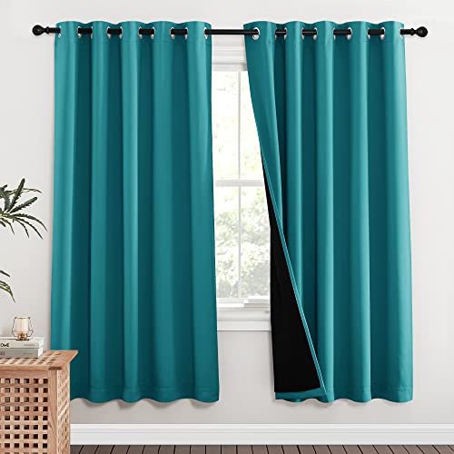 Image of NICETOWN 100% Blackout Window Curtain Panels, Full Light Blocking Drapes with Black Liner for Nursery, 72-inch Drop Thermal Insulated Draperies (Peacock Teal, 2 Pieces, 62-inch Wide Per Panel)