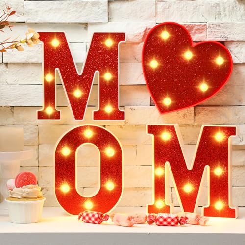 Image of Aurelema 4 Pcs Mother's Day LED Lights Light up Letters Mom Light Sign Battery Powered Heart up Letters for Mom Party Decor Night Home Family Supplies(Red)