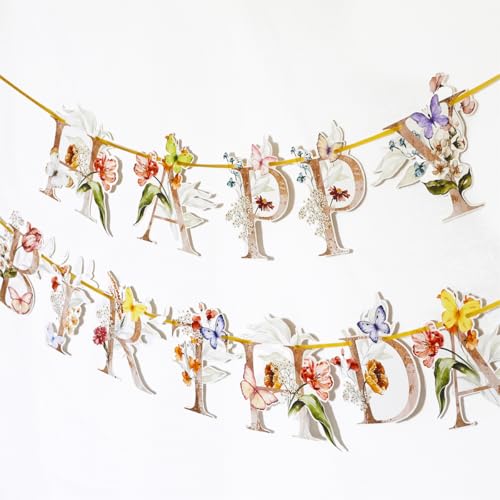 Flower Butterfly Happy Birthday Banner, Boho Groovy Floral and Butterflies Bday Sign, Wildflower Garden Party Decorations for Sweet 16 21st 30th 40th 50th 60th 70th Birthday Party
