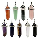 MIKINI 9pcs Silver Plated Wire Wrap Hexagon Pointed Cut Gemstone Healing Energy Natural Crystal Pendant Necklaces Pack, 18 Inches (9pcs (cap))
