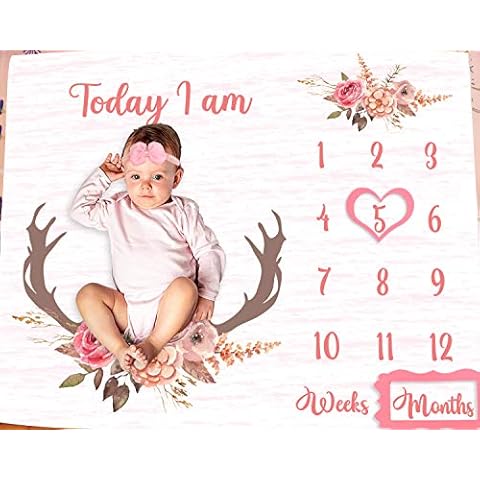 PHMOJEN Baby Monthly Milestone Blanket | Deer Antler Flowers with Words | Pink | Baby Growth Chart Monthly Blanket | Includes Markers 47"x47" BTLSPH68 Cover