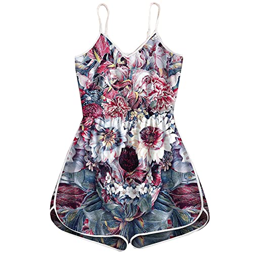 Women Summer Halloween Short Jumpsuits, Sleeveless One-Piece Pumpkin Skull Printed Romper Vintage Pajamas Jumpsuits Pink