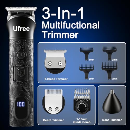 Image of Ufree Hair Clippers for Men, Beard Trimmer, Foil Shaver 3-in-1 Grooming Kit | Type-C Fast Charging & LED Display Pro Cordless Barber Clipper for Home Haircuts, T-Blade for Seamless Fades, for All Hair