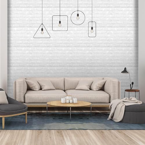 Image of 20 Pack White Self-Adhesive Waterproof PE Foam 3D Wall Panels 4mm Thickness Wallpaper Sticker for Bathroom, Living Room, and Home Decoration, 70 x 77cm, Appx. 5.8 Sq Feet.
