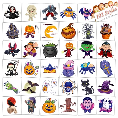 UVUXO 102 PCS Halloween Individually Wrapped Temporary Tattoo for kids - Pumpkin/Ghost/Candy Temporary for Girls Boy Body Arm Shoulder Tattoos Stickers,Halloween Decorations,Party Supplies