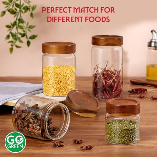 Image of Borosil Glass Jar with Acacia Wood Lid | Borosilicate Glass Storage Jar for Dry Fruits, Spices & Snacks | Airtight Glass Container for Kitchen & Pantry (Tallwood, 300 ml)