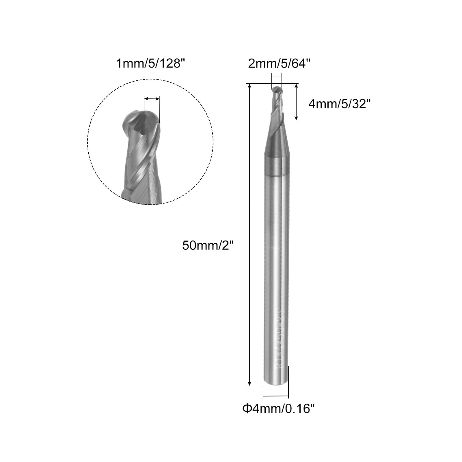 sourcing map Lot de 2 fraises à bout sphérique CNC - Rayon de 1 mm (5/128") - En carbure solide - Revêtement AlTiN - 2 cannelures HRC45 - Diamètre : 4 mm - Tige fraiseuse