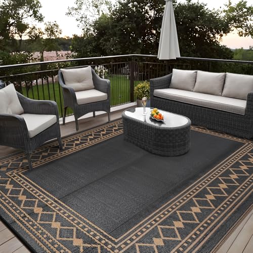 Waterproof Plastic Straw Outdoor Rug 9x18 Patio Reversible UV Resistant Foldable Camping Carpet Modern Border Large Outdoor Rugs for Deck, Picnic, Por