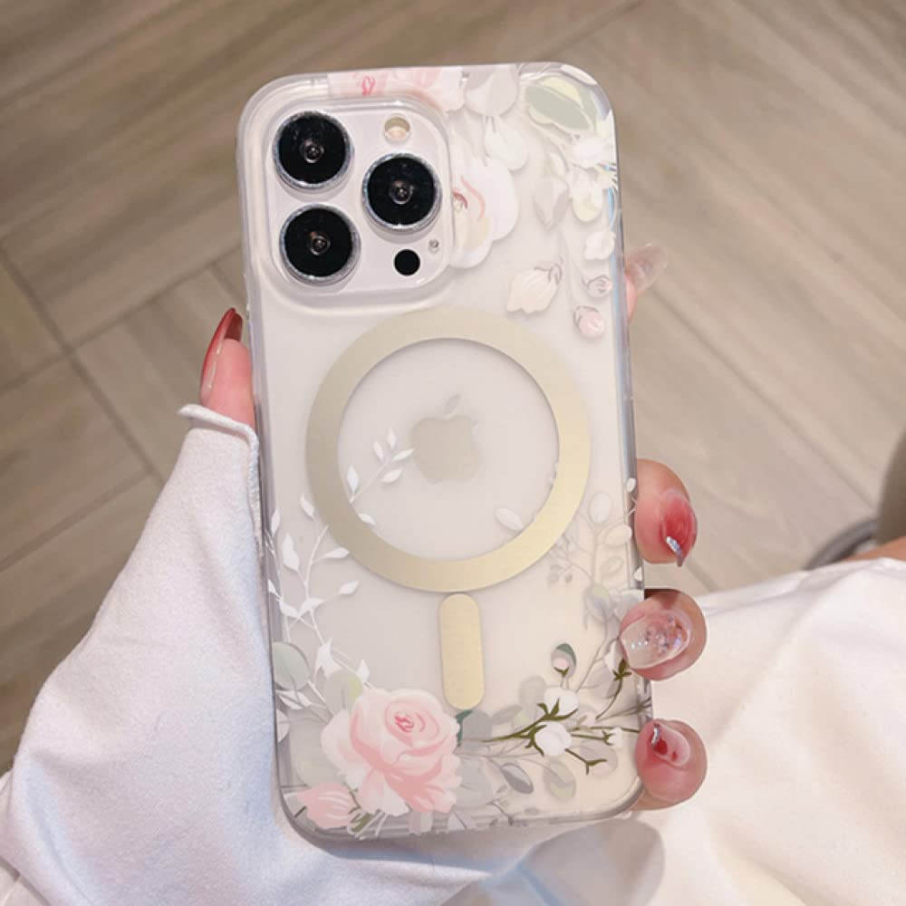 Étui magnétique fleurs en relief pour iPhone 14 Pro coque rigide
