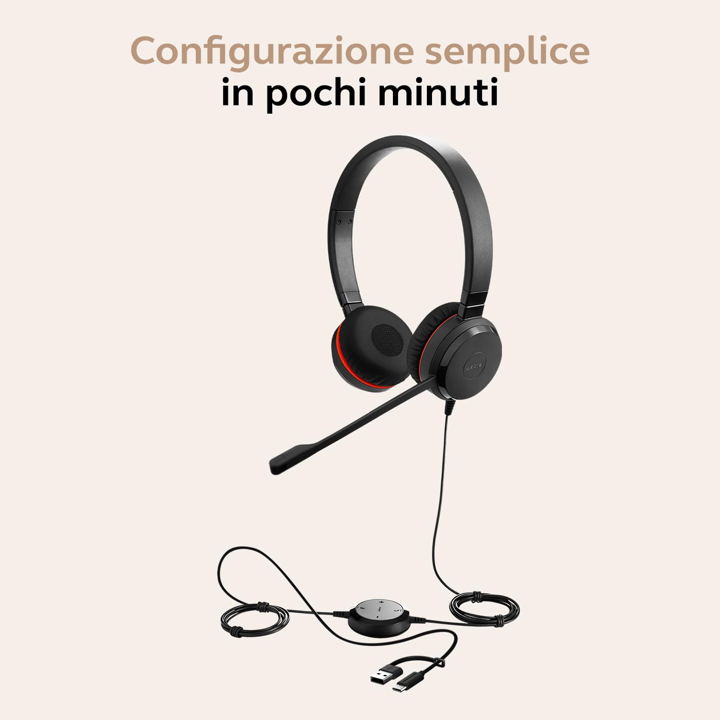 Jabra Evolve 30 II, cuffie stereo con cavo certificate Microsoft Teams con unità di controllo chiamate, microfono a cancellazione del rumore, indicatori LED, eccellente qualità del suono - USB-C/A,