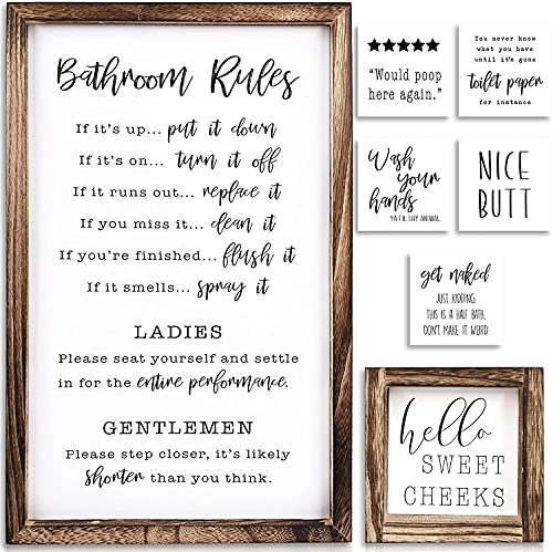 Juego de 2 decoración de pared para baño de granja, letreros divertidos para baño con reglas y 8 refranes intercambiables, los accesorios rústicos de granja son perfectos para embellecer su baño Cover