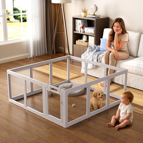 Image of Clear Acrylic Dog Playpen Indoor, Puppy Cat Small Pet Play Pen, Pet Cat Playpen for Rabbits, Dog Fence Crate Kennel Whelping Cage (Grey, 12 Panel)