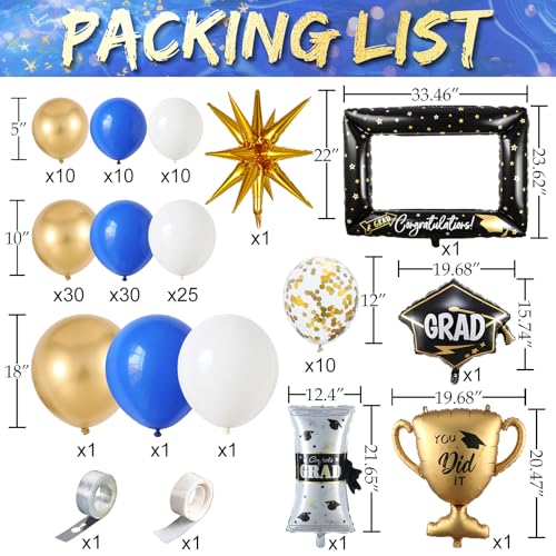 Image of 135Pcs Royal Blue Gold White Graduation Balloon Garland Arch Kit,with Explosion Star,Diploma,Trophy,Grad Hat,Photo Frame Foil Balloon for Class of 2026 Graduates Celebration Party Decoration