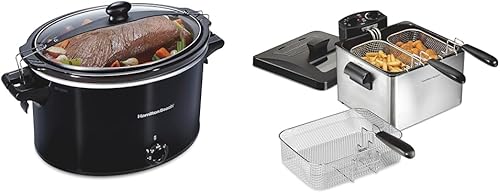 Hamilton Beach Freidora eléctrica de olla de cocción lenta y triple cesta, capacidad de aceite de 4.7 cuartos de galón / 19 tazas, tapa con ventana