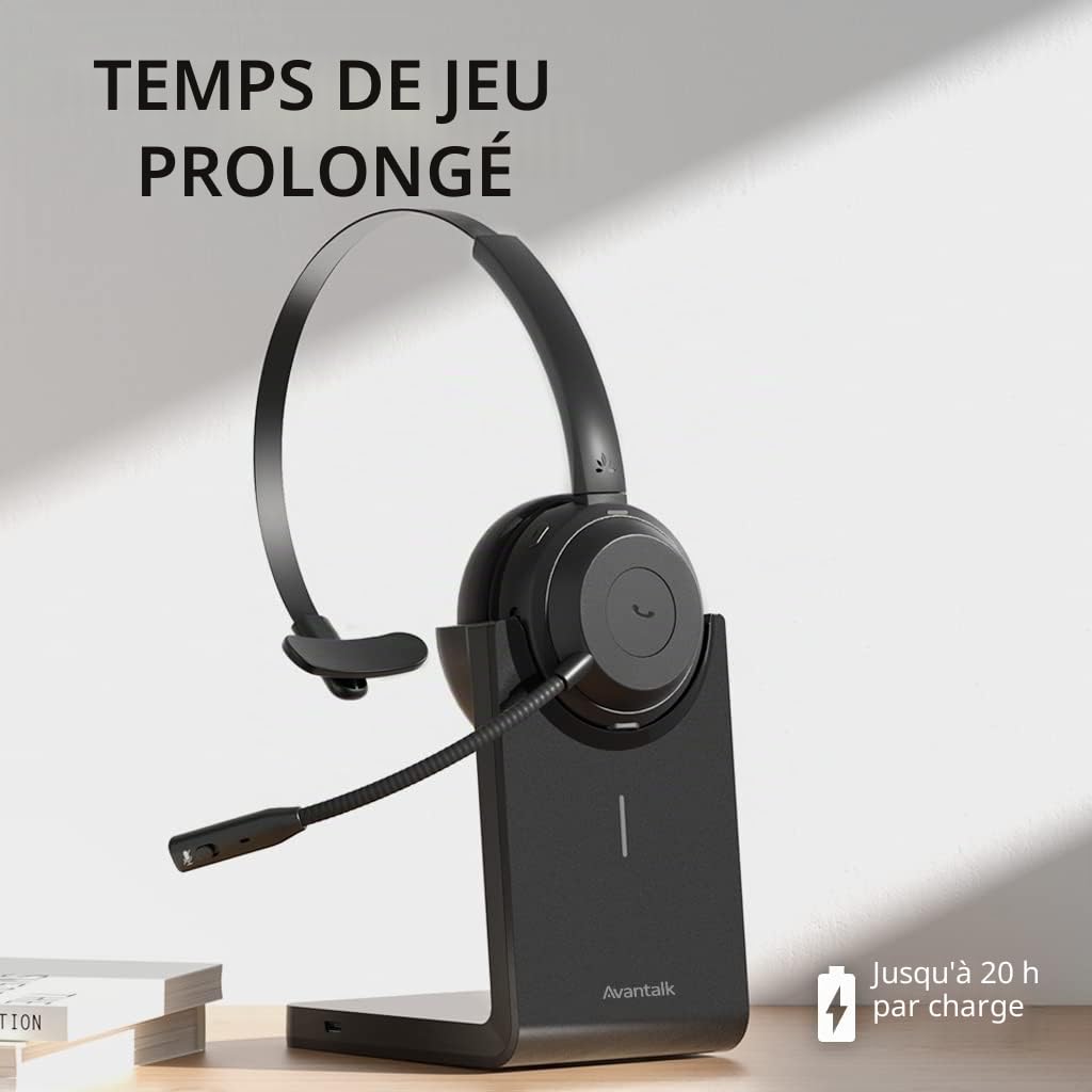 Avantalk Alto Solo - Casque Bluetooth sans Fil avec Micro pour PC et Ordinateur, Solution Bluetooth Qualcomm, Annulation de Bruit CVC, Support de Charge, Bouton Mute et Audio par Câble