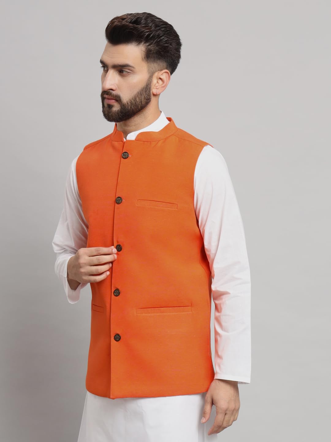 LATEST CHIKAN Men's Traditional Cotton Solid Nehru Jacket/Waistcoat -SADRI-DB-O-38 - Image 3 thumbnail