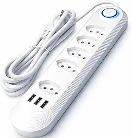 Filtro de Linha Energia 5 com Proteção contra Surtos Elétricos(DPS) 5 Tomadas, Com 3 USB, 3 Pinos,10 Amperes para PC, Notebook, Monitor, Impressora, PS5 etc, Bivolt, Cabo de 2m, Branco