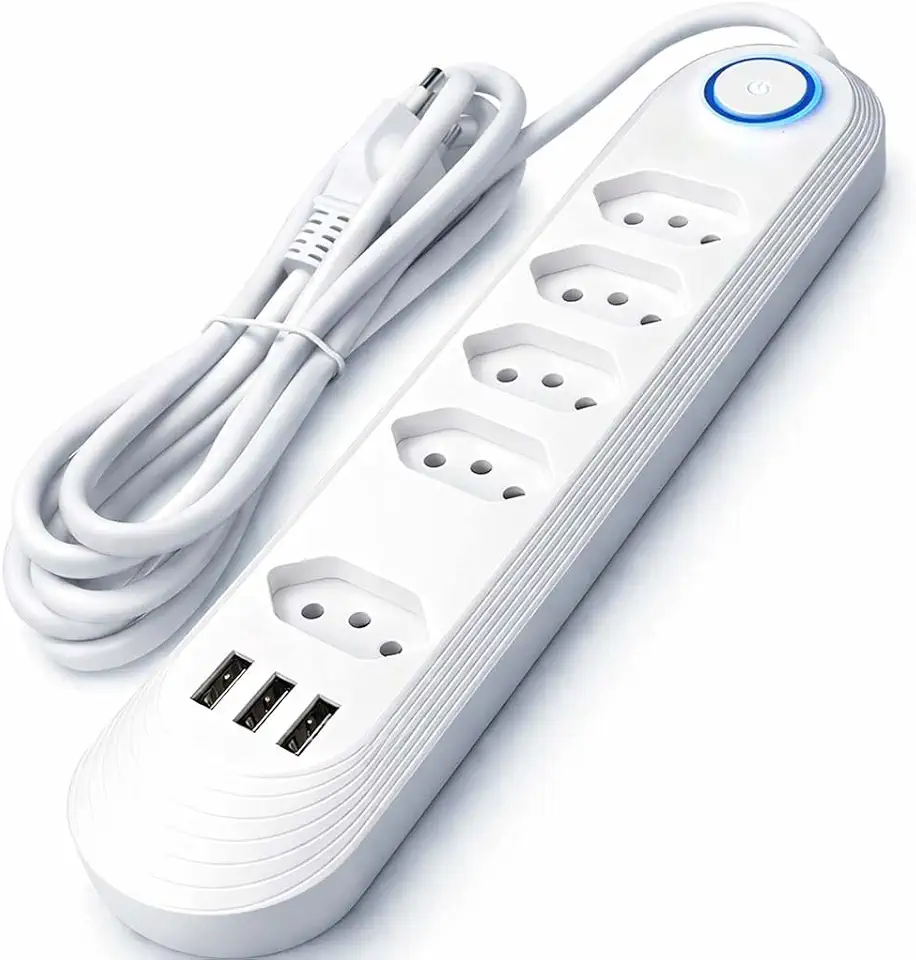 Filtro de Linha Energia 5 com Proteção contra Surtos Elétricos(DPS) 5 Tomadas, Com 3 USB, 3 Pinos,10 Amperes para PC, Notebook, Monitor, Impressora, PS5 etc, Bivolt, Cabo de 2m, Branco