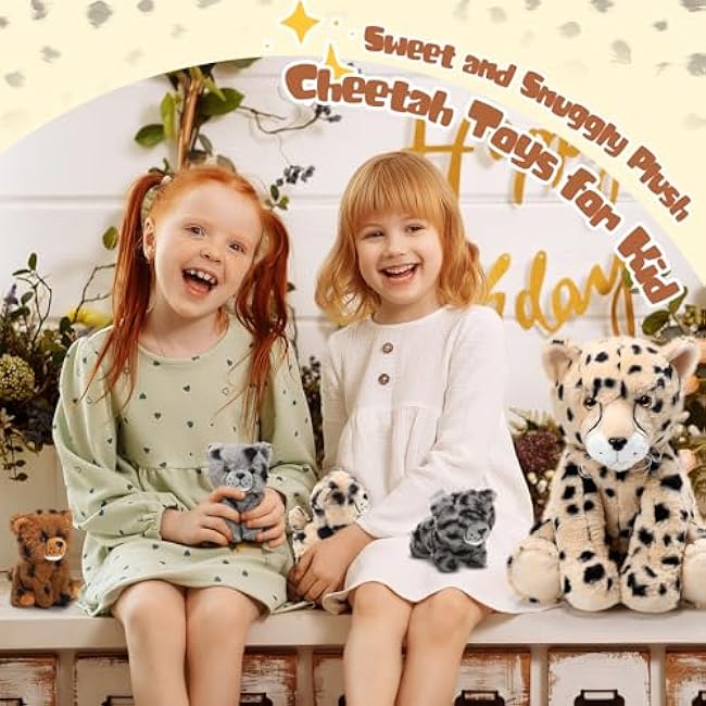 5 Pcs Cheetah Stuffed Animals Set Large Mommy Cheetah Plush with 4 Soft Cuddly Baby Cubs in Her Tummy for Boys Girls Birthday Graduation Gifts Forest Party Decors(Sitting Style)