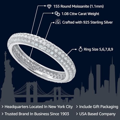Gem Stone King White Moissanite Ring For Women | 925 Sterling Silver | 3 Rows Micro Pave Wedding Stackable Eternity Band | 1.08 Cttw | Available In Size 5, 6, 7, 8, 92